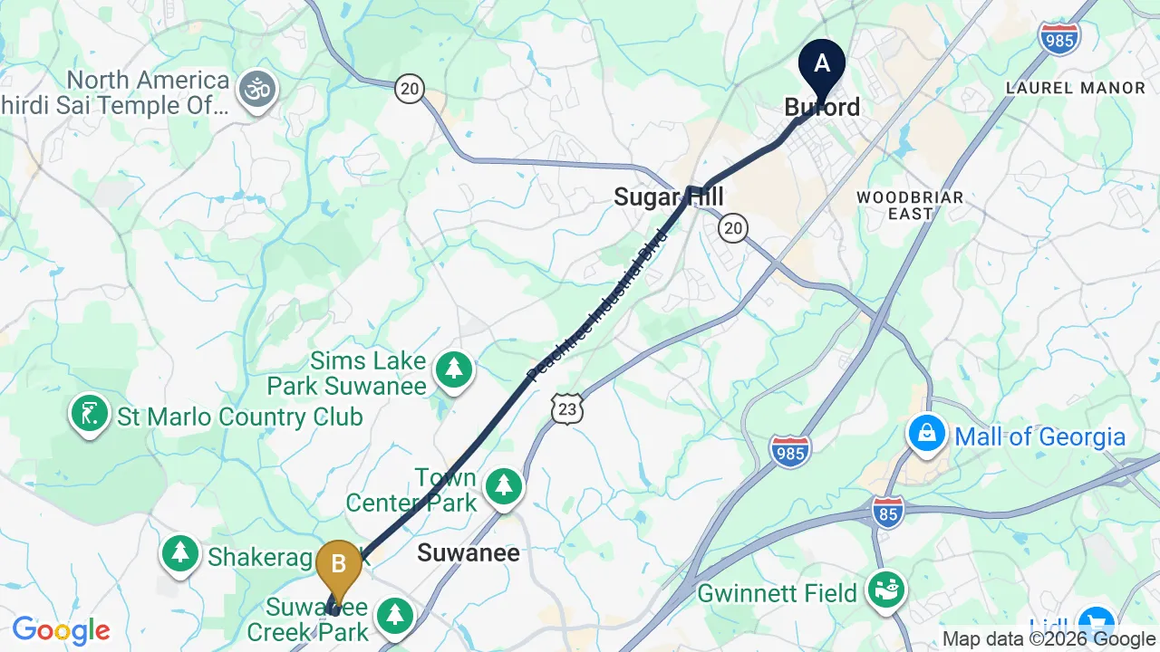 Driving directions map from Buford, GA to Sovereign Light Chiropractic in Suwanee