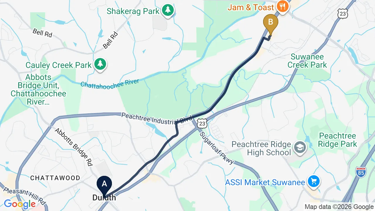 Driving directions map from Duluth, GA to Sovereign Light Chiropractic in Suwanee