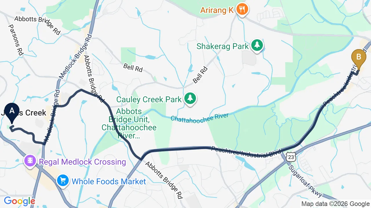 Driving directions map from Johns Creek, GA to Sovereign Light Chiropractic in Suwanee