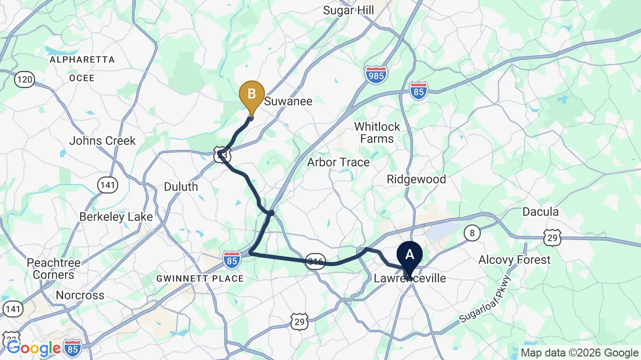 Driving directions map from Lawrenceville, GA to Sovereign Light Chiropractic in Suwanee