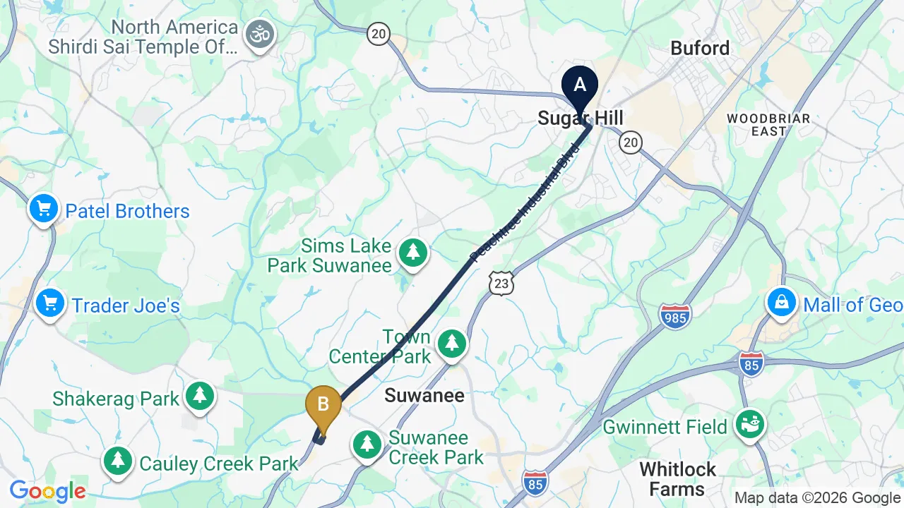Driving directions map from Sugar Hill, GA to Sovereign Light Chiropractic in Suwanee